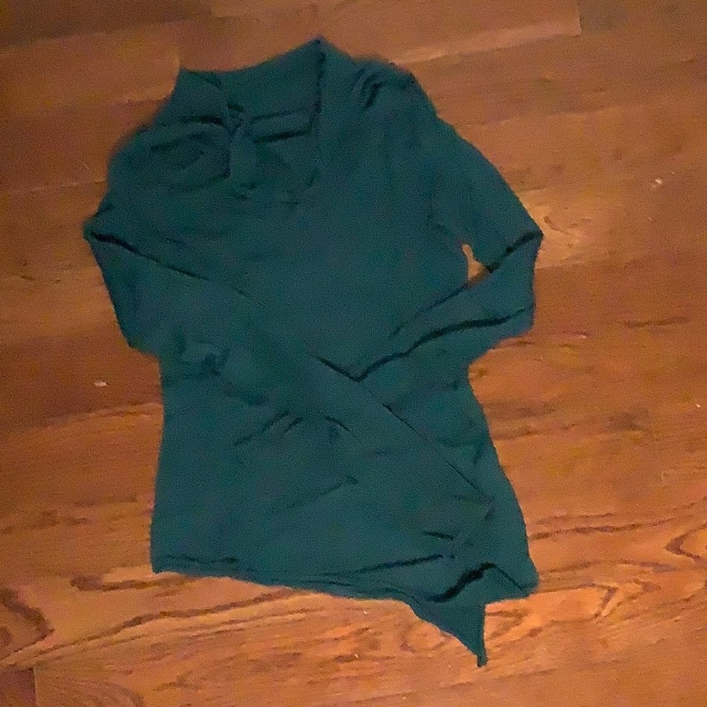 Green drapey turtleneck with asymmetrical hem.